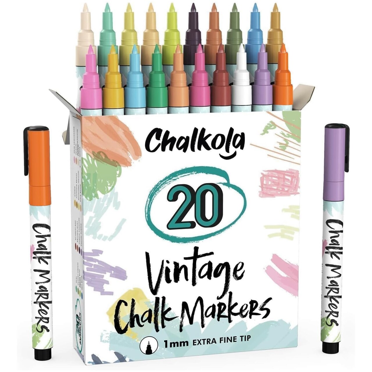 Extra Fine Tip Liquid Chalk Markers for Chalkboard (1mm, 20 Vintage Colors) - Dry Erase Marker Pens for Blackboard, Windows, Signs, Bistro - Thin Point, Erasable, Pastel Chalkboard Markers Pen